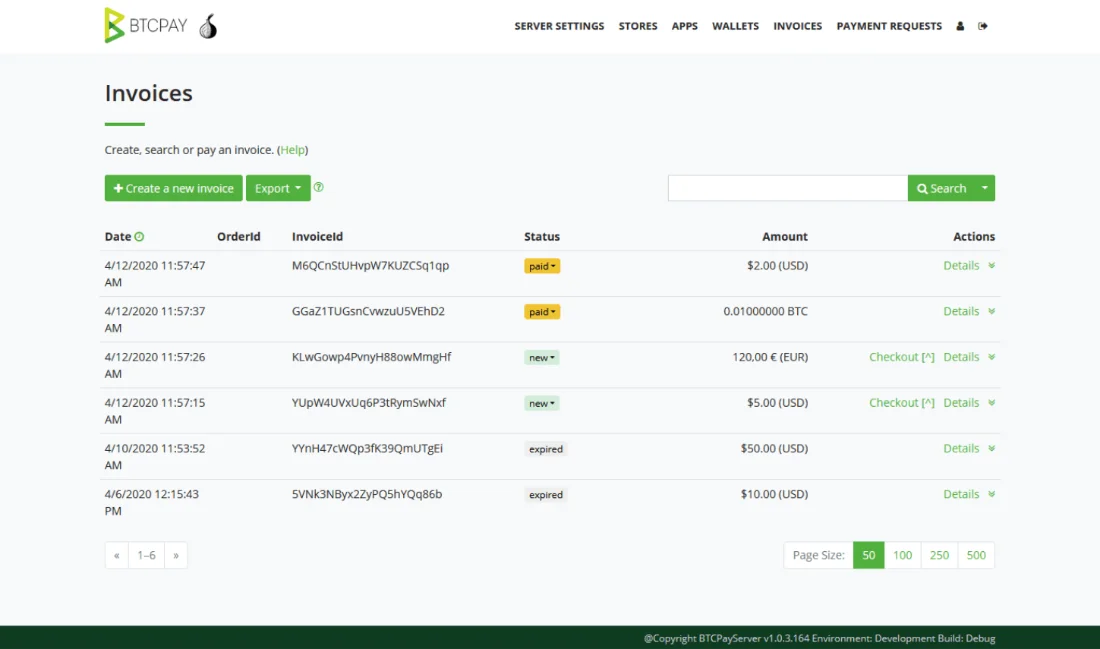Panel de BTCPay Server