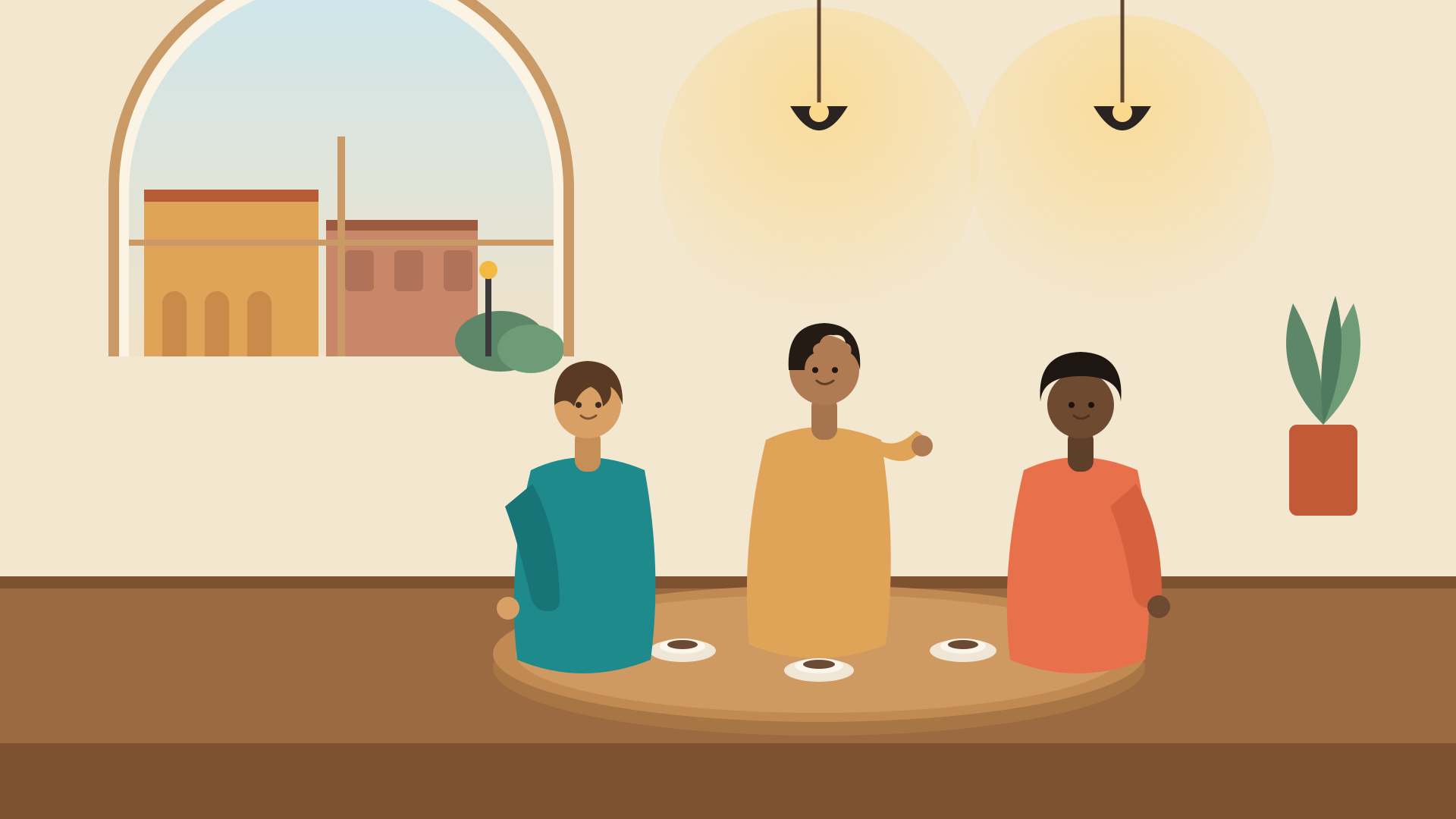 Amigos dominicanos conversando sobre criptomonedas en una cafetería de Santo Domingo