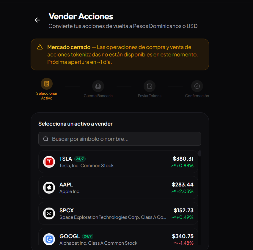 Pantalla de venta de acciones tokenizadas en BitcoinRD