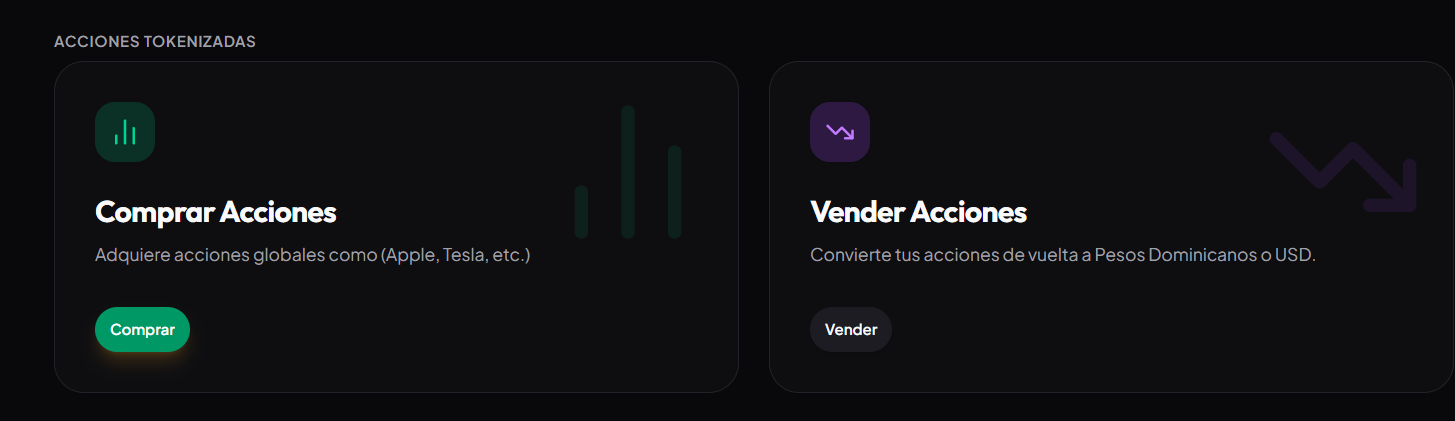 Sección de acciones tokenizadas en BitcoinRD