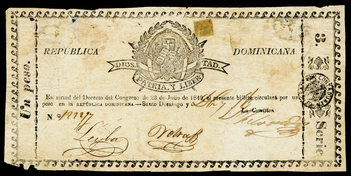 Antiguo billete de un peso de la República Dominicana (1849)