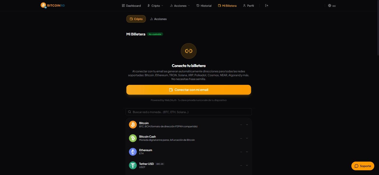 Página Mi Billetera de BitcoinRD mostrando las redes blockchain soportadas por la billetera no custodial