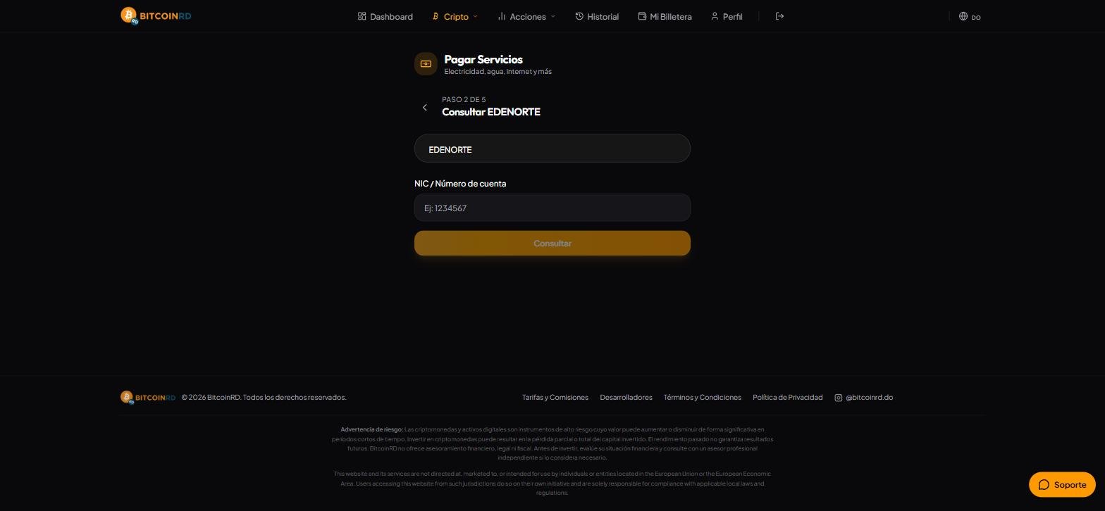 Formulario de BitcoinRD para consultar una factura de electricidad ingresando el NIC o número de cuenta
