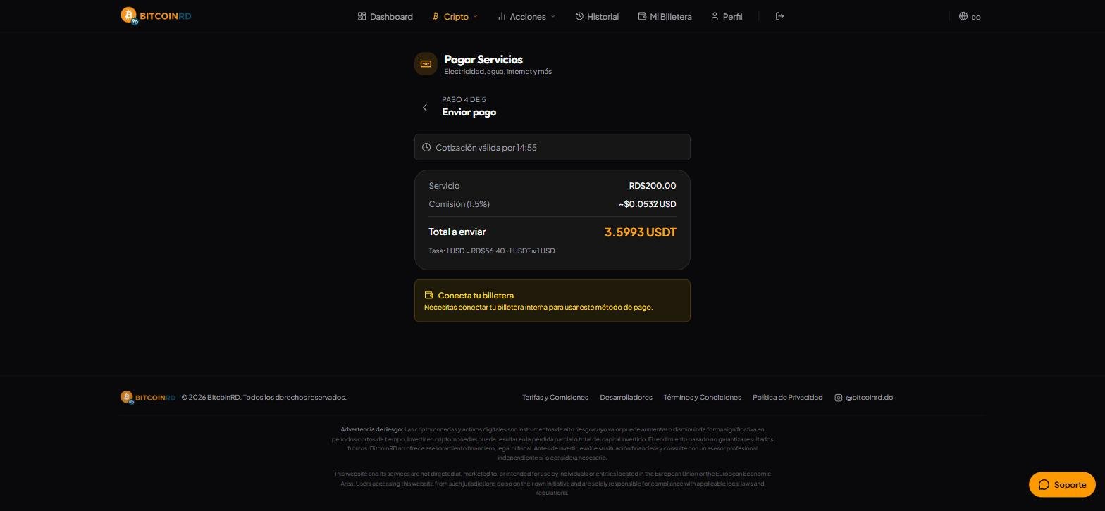 Resumen de cotización en BitcoinRD mostrando el monto del servicio, la comisión de 1.5% y el total a enviar en USDT antes de conectar la billetera