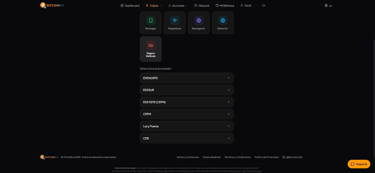 Lista de distribuidoras eléctricas dominicanas disponibles para pago en BitcoinRD, incluyendo EDENORTE y EDESUR