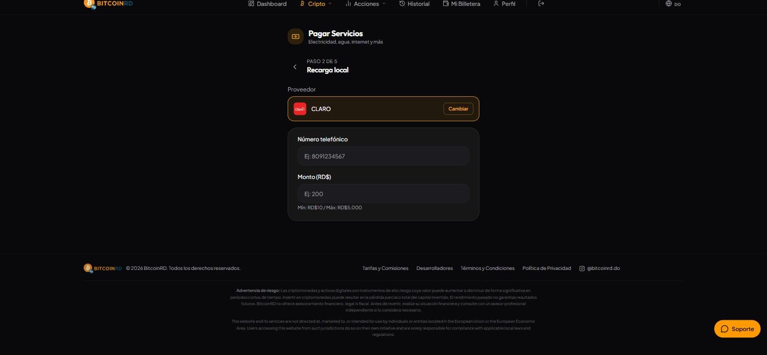 Pantalla de BitcoinRD mostrando el total a pagar en pesos dominicanos y las opciones de pago con USDT, USDC o BTC