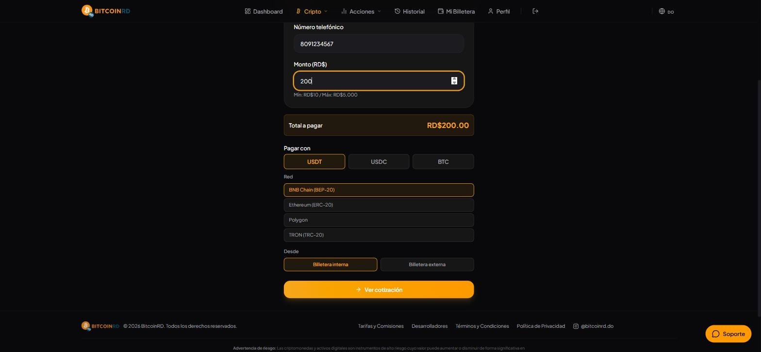 Selección de red blockchain (BNB Chain, Ethereum, Polygon, TRON) para pagar un servicio con USDT en BitcoinRD