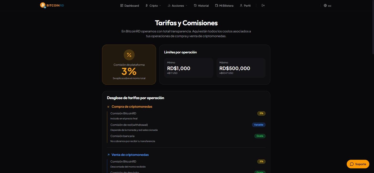 Página de tarifas y comisiones de BitcoinRD con límites mínimos y máximos por operación
