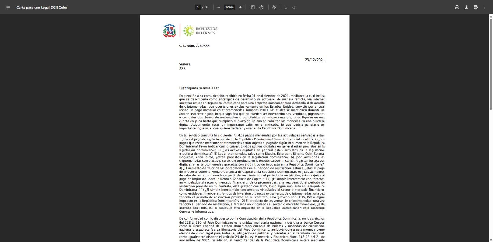 Consulta técnica de la Dirección General de Impuestos Internos sobre el tratamiento fiscal de las criptomonedas en República Dominicana, de diciembre de 2021