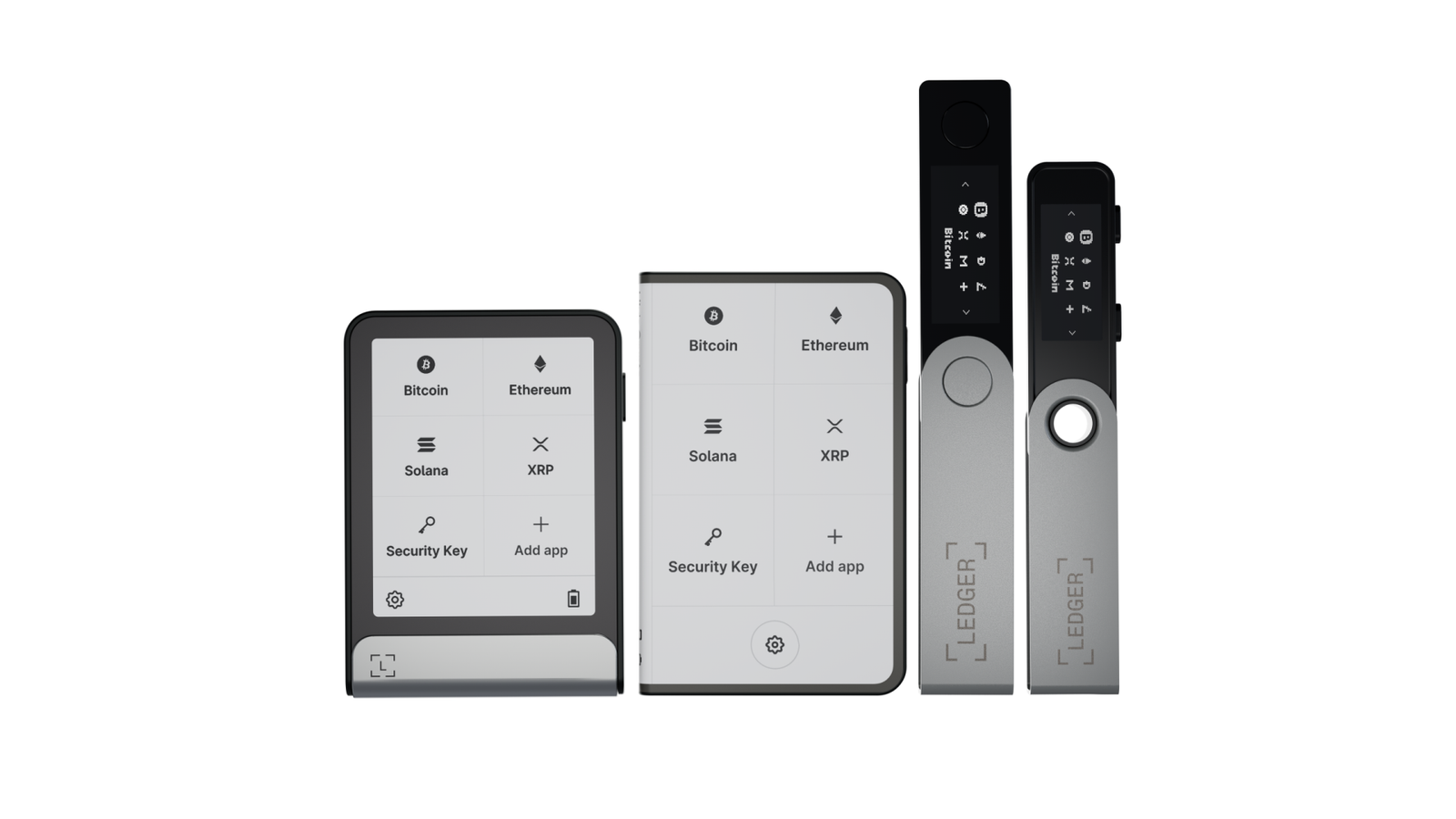 Comparación visual de dispositivos Ledger con pantalla táctil y modelos Nano