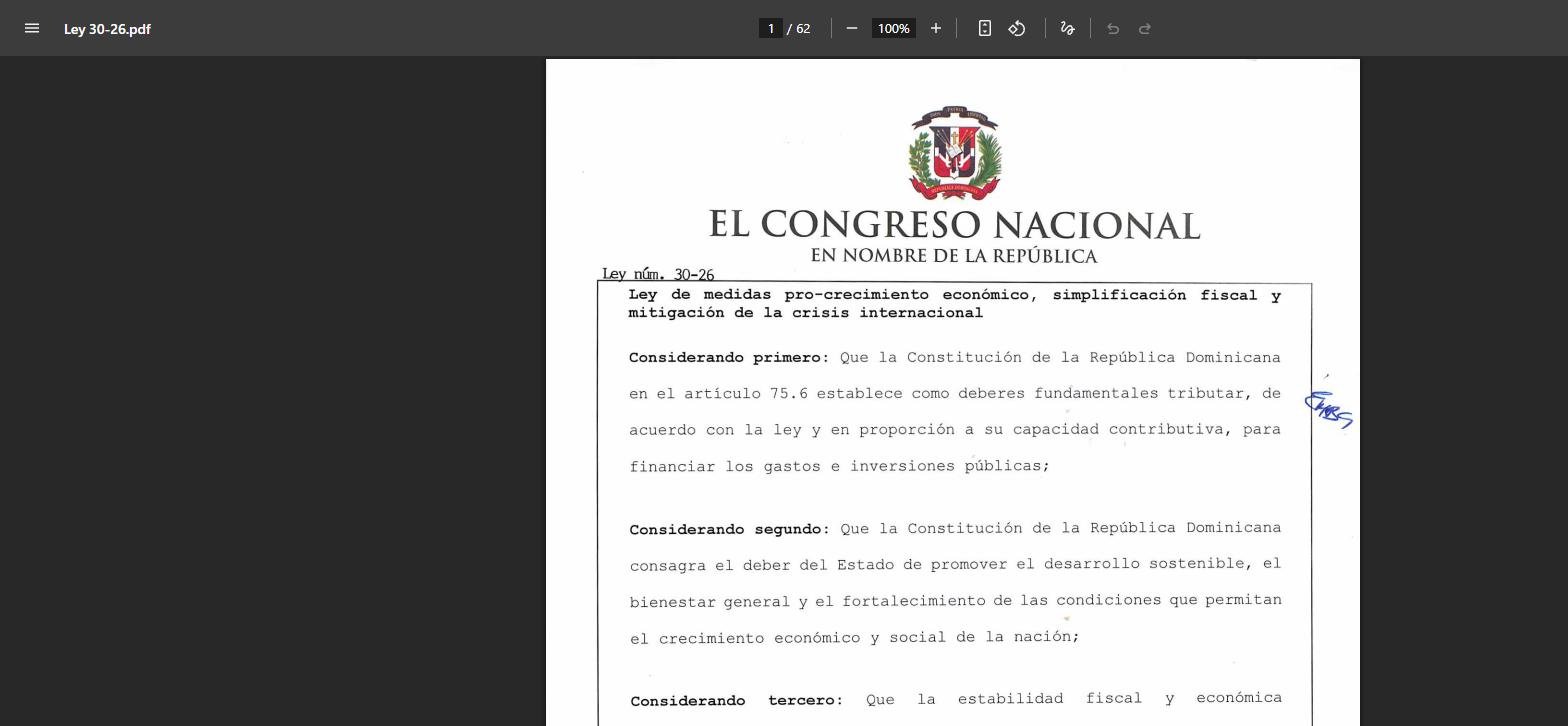 Portada oficial de la Ley núm. 30-26 de medidas pro-crecimiento económico, simplificación fiscal y mitigación de la crisis internacional