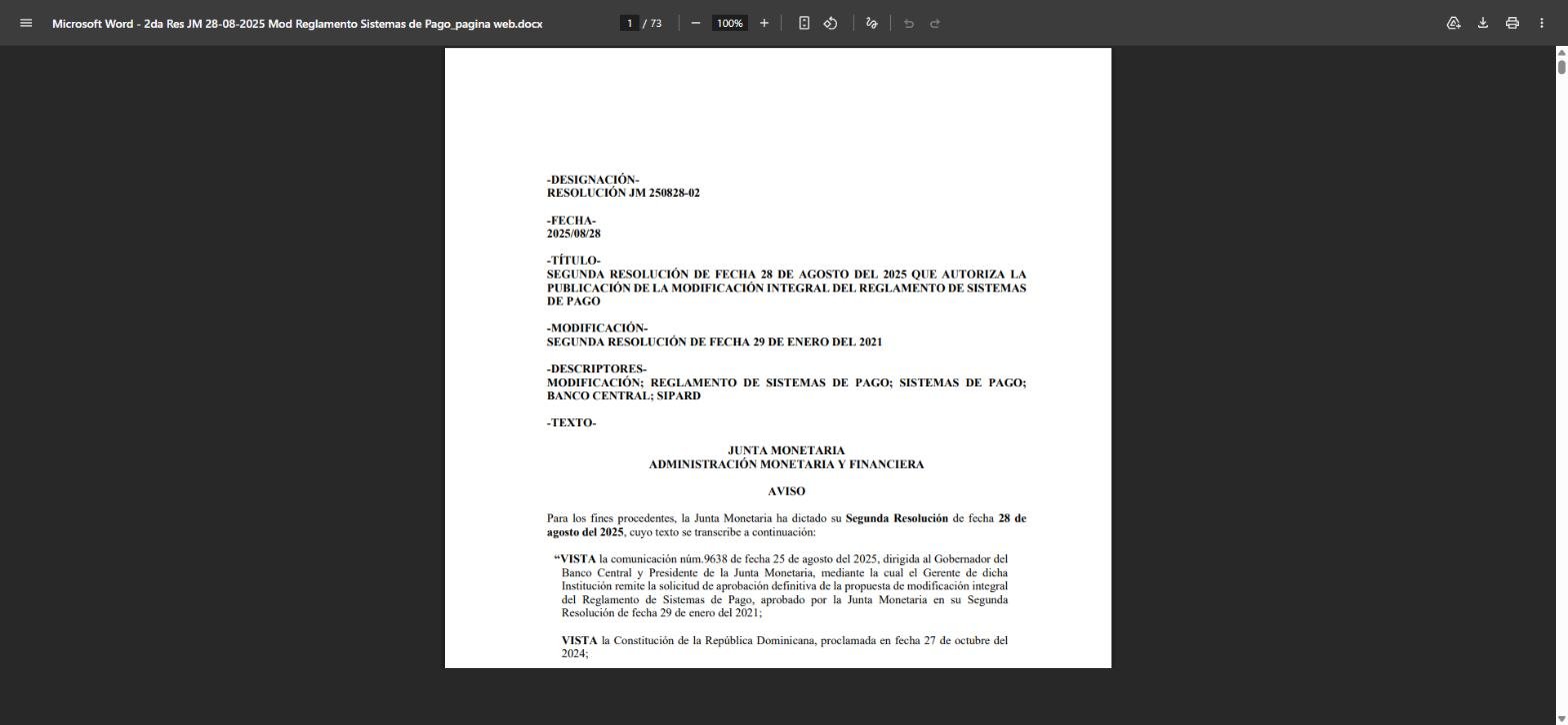 Portada oficial de la Segunda Resolución de la Junta Monetaria del 28 de agosto de 2025 que aprueba la modificación integral del Reglamento de Sistemas de Pago de República Dominicana