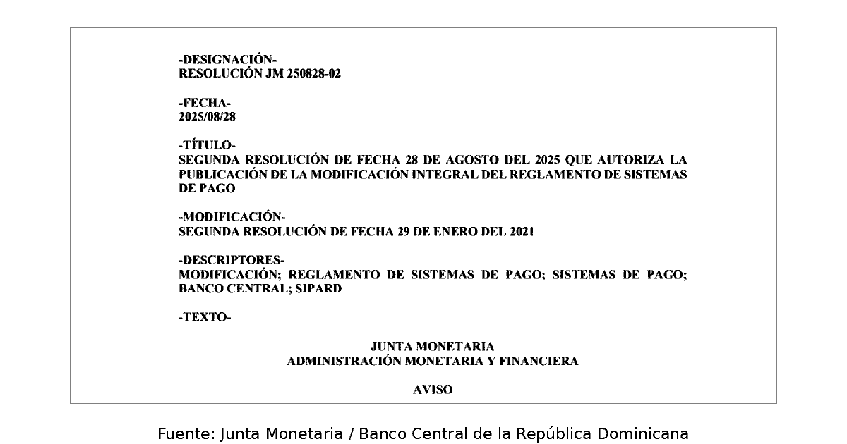 Primera página de la Segunda Resolución de la Junta Monetaria del 28 de agosto de 2025 que autoriza la modificación integral del Reglamento de Sistemas de Pago